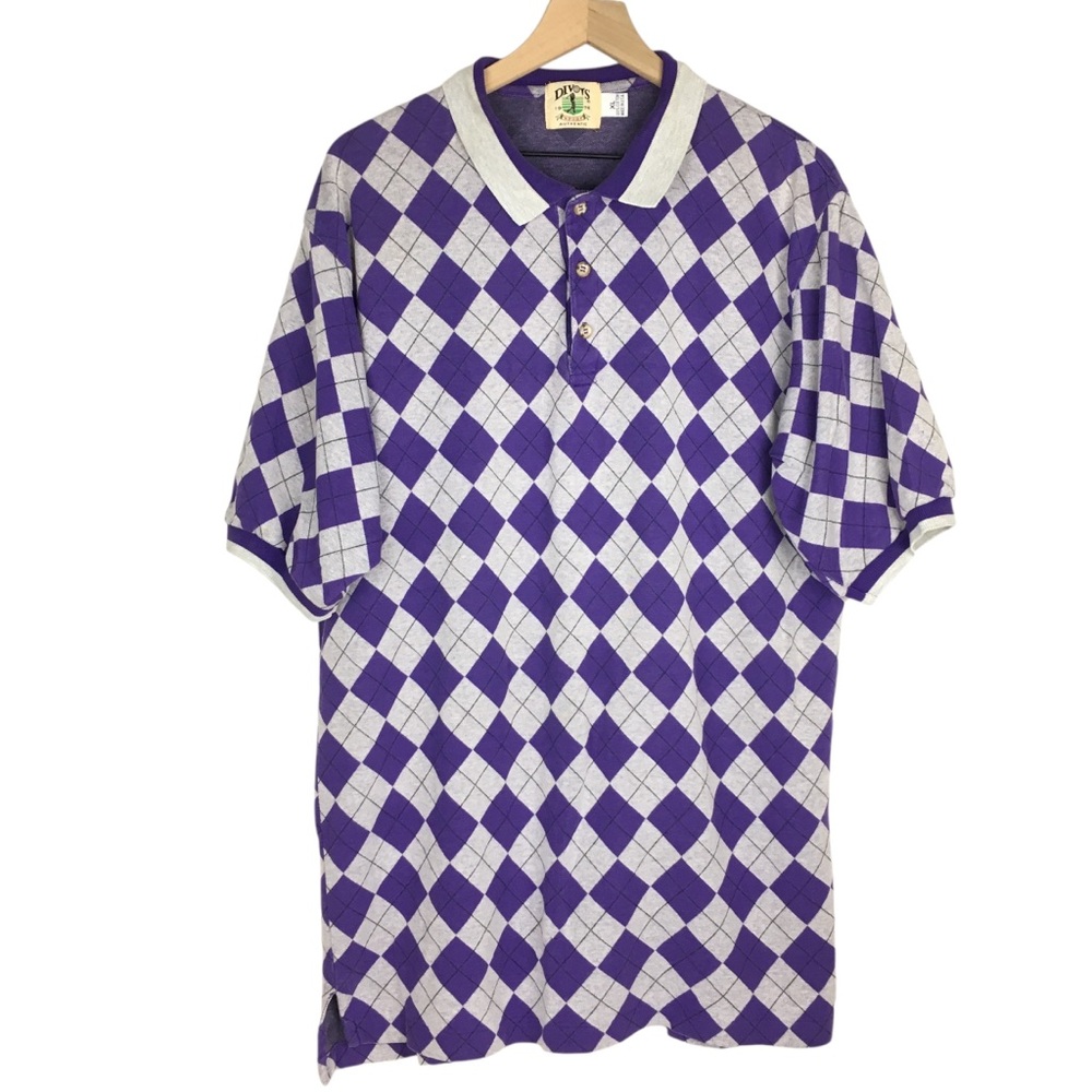 VINTAGE DIVOTS Sport Golf Polo Shirt Argyle Purple Grey Short Sleeve Retro XL